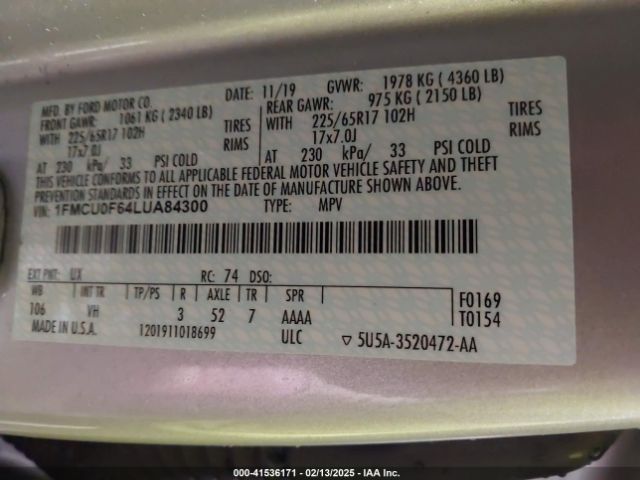 1FMCU0F64LUA84300 Ford ESCAPE S