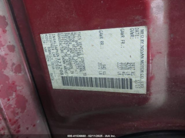 1N4AL3APXGN323208 Nissan Altima 2.5/2.5 S/2.5 Sl/2.5 Sr/2.5 Sv