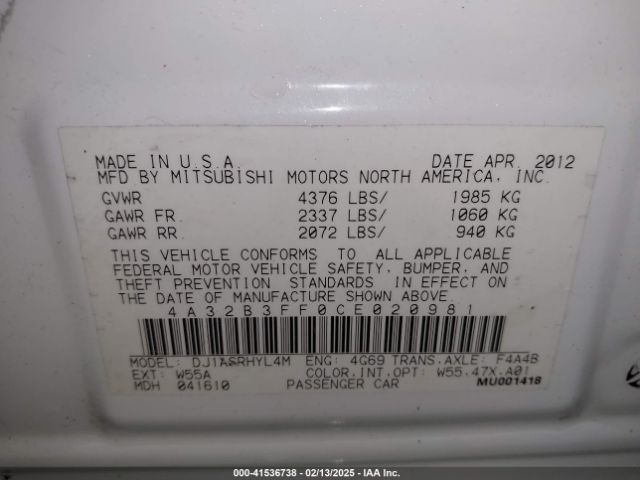2012 MITSUBISHI GALANT 4A32B3FF0CE020981 Photo 8
