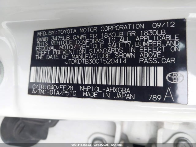 41536823 :رقم المزاد ، JTDKDTB30C1520414 vin ، 2012 Toyota Prius C Three مزاد بيع