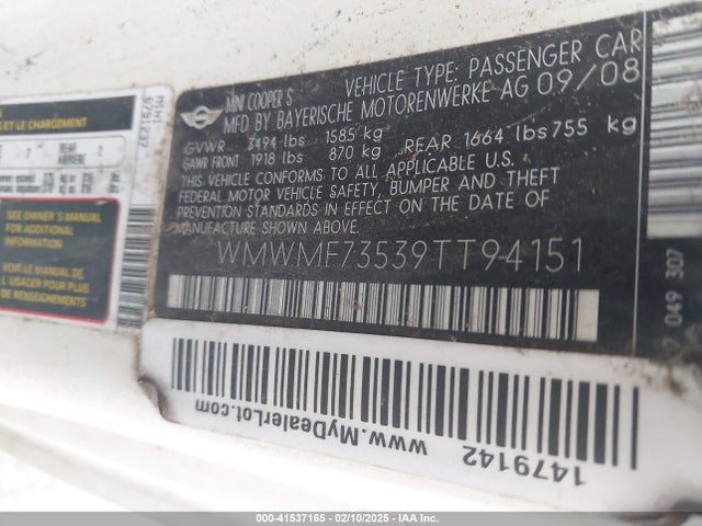 2009 MINI COOPER S WMWMF73539TT94151 Photo 8