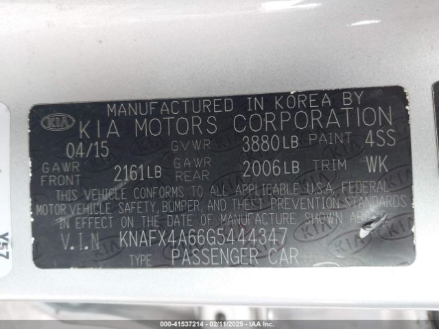 KNAFX4A66G5444347 KIA FORTE LX
