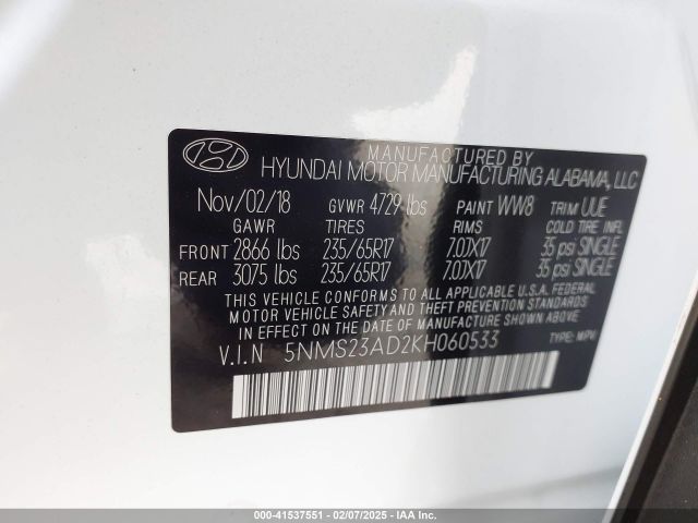 5NMS23AD2KH060533 Hyundai Santa Fe Se