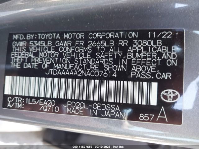 JTDAAAAA2NA007614 Toyota Mirai Xle