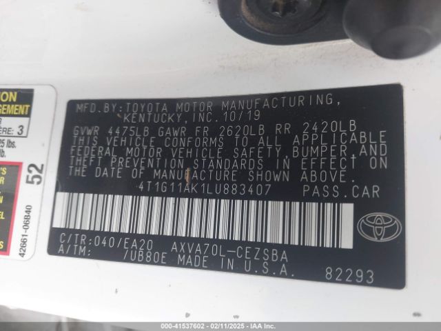 4T1G11AK1LU883407 Toyota CAMRY SE