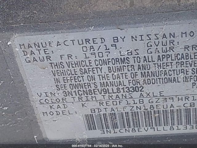 3N1CN8EV9LL813302 Nissan Versa Sv Xtronic Cvt