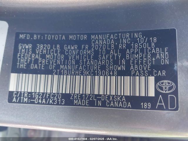 2T1BURHE9KC190648 Toyota COROLLA SE