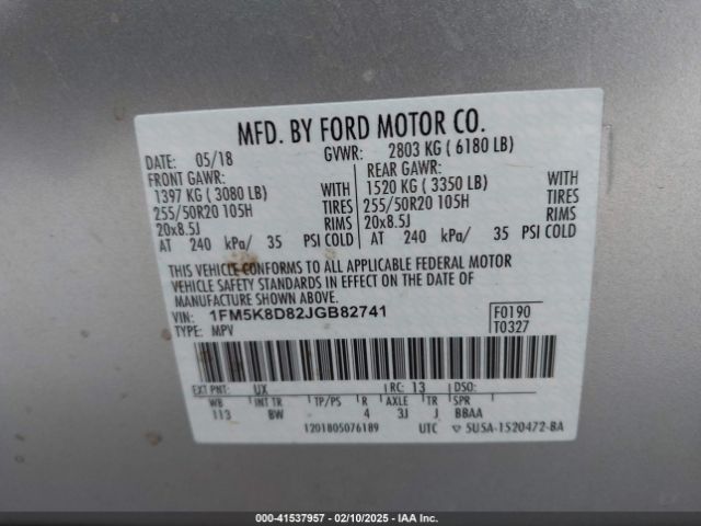 1FM5K8D82JGB82741 Ford EXPLORER XLT