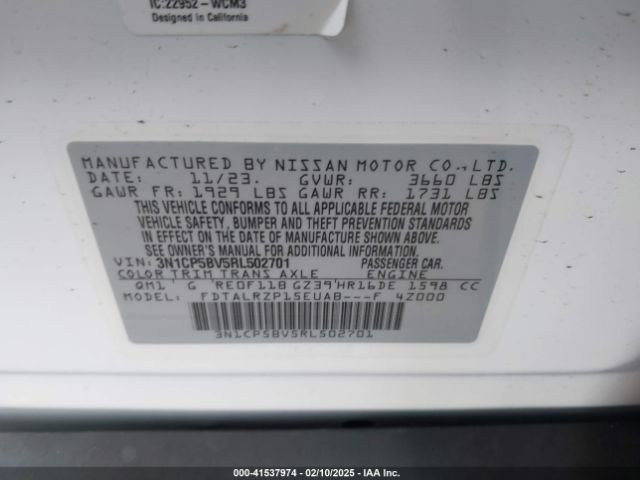 3N1CP5BV5RL502701 Nissan Kicks S Xtronic Cvt