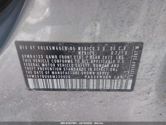 3VWC57BU0KM235020 Volkswagen Jetta 1.4t R-line/1.4t S/1.4t Se