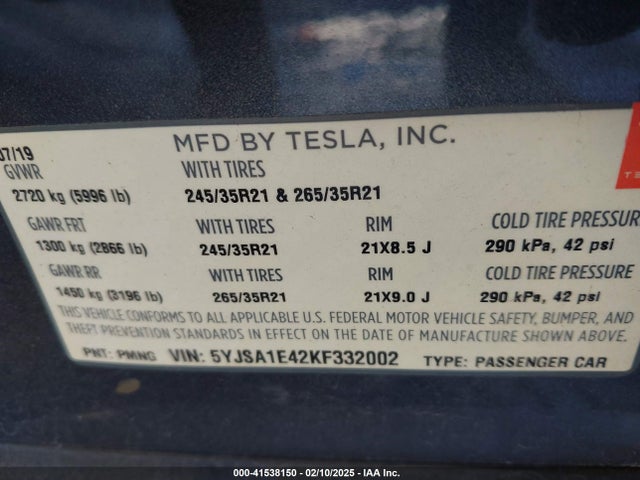 2019 TESLA MODEL S 5YJSA1E42KF332002 Photo 8