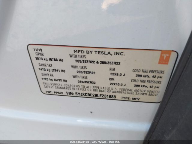 5YJXCBE29LF231688 Tesla Model X Long Range Dual Motor All-wheel Drive/long Range Plus Dual Motor All-wheel Drive