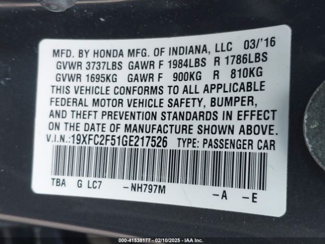 19XFC2F51GE217526 Honda Civic Lx