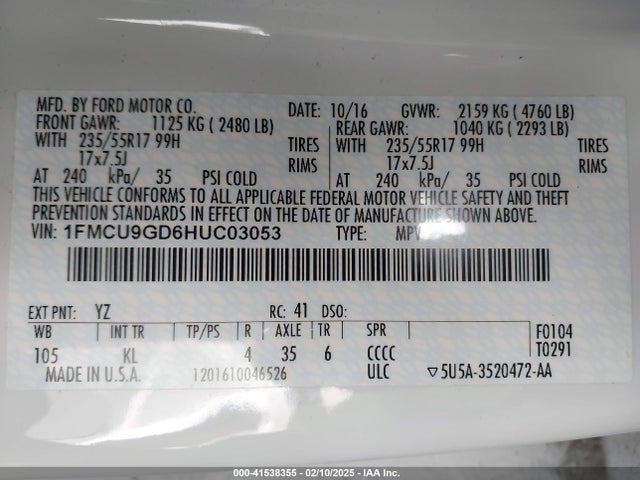1FMCU9GD6HUC03053 Ford ESCAPE SE