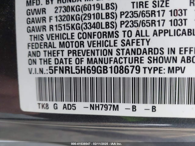 5FNRL5H69GB108679 Honda Odyssey Ex-l