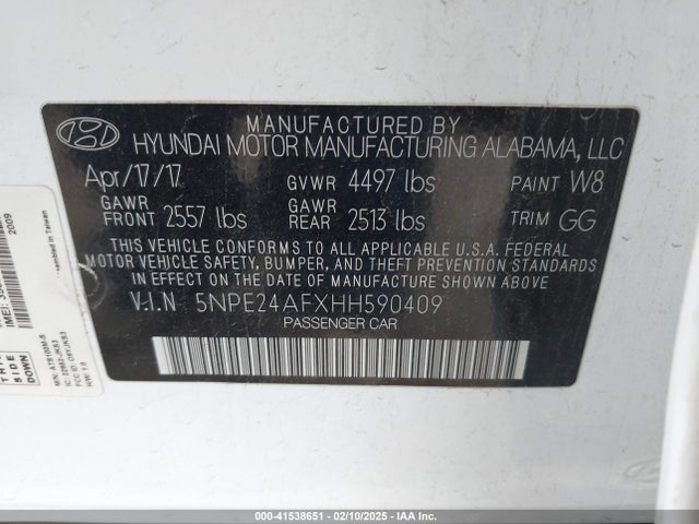 5NPE24AFXHH590409 Hyundai SONATA SE
