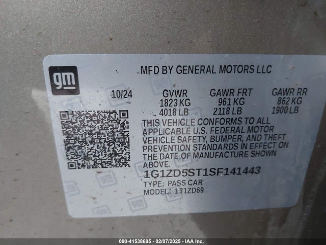 1G1ZD5ST1SF141443 Chevrolet Malibu Fwd 1lt
