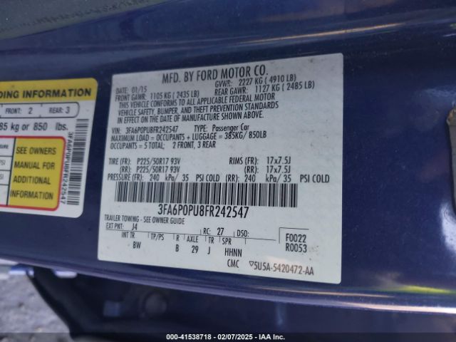 3FA6P0PU8FR242547 Ford Fusion Energi Se Luxury