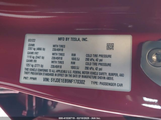5YJ3E1EB9NF170302 Tesla Model 3 Long Range Dual Motor All-wheel Drive