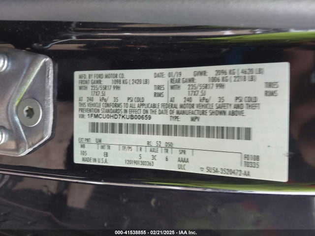1FMCU0HD7KUB00659 Ford ESCAPE SEL