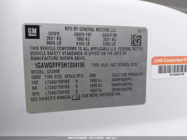 1GAWGFFF5H1204196 Chevrolet Express 2500 Lt