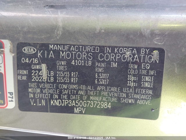 KIA SOUL + 2016 KNDJP3A50G7372984 Image 9