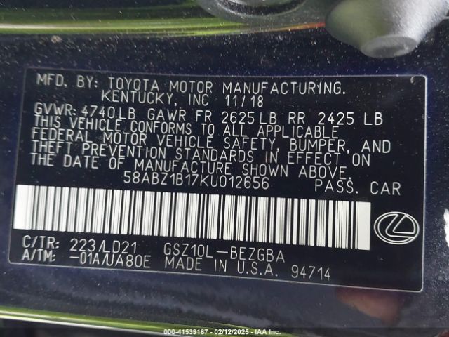 58ABZ1B17KU012656 Lexus ES 350