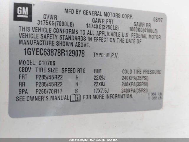2008 CADILLAC ESCALADE 1GYEC63878R129078 Photo 8