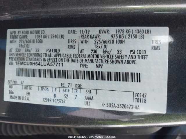 1FMCU0H64LUA57711 Ford ESCAPE SEL