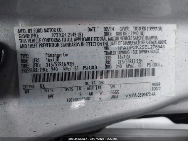 1FADP3K25EL276943 Ford FOCUS SE