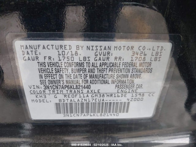 Nissan Versa 1.6 S+ 2019 3N1CN7AP6KL821440 Image 9