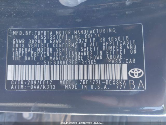 5YFBURHE2FP181165 Toyota Corolla L/le/le Pls/prm/s/s Pls