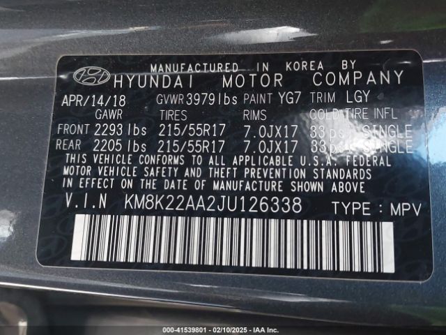 KM8K22AA2JU126338 Hyundai Kona Sel