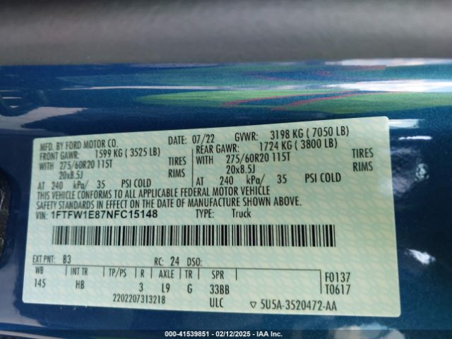 1FTFW1E87NFC15148 Ford F-150 Lariat