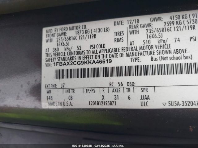 1FBAX2CG9KKA46619 Ford Transit-350 Xlt