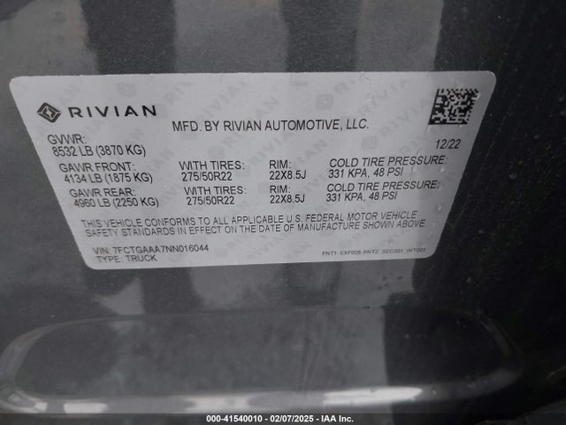 Rivian R1t Adventure 2022 7FCTGAAA7NN016044 Image 9