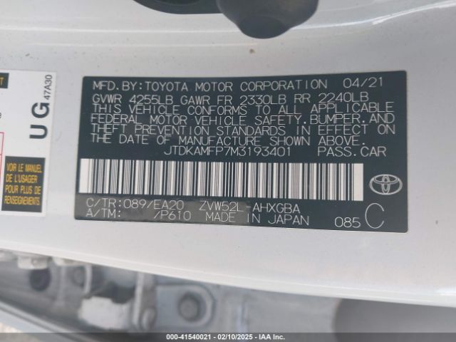 JTDKAMFP7M3193401 Toyota Prius Prime Xle