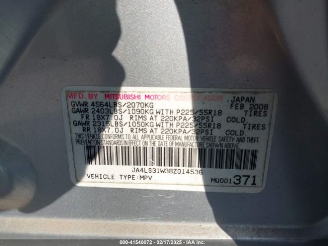 2008 MITSUBISHI OUTLANDER JA4LS31W38Z014536 Photo 8