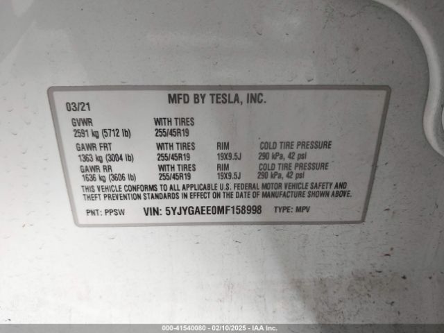 5YJYGAEE0MF158998 Tesla Model Y Long Range Dual Motor All-wheel Drive