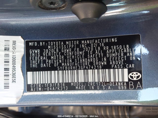 Toyota COROLLA LE 2016 5YFBURHE3GP474218 Image 9