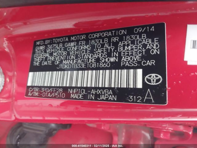JTDKDTB33E1081860 Toyota Prius C Two