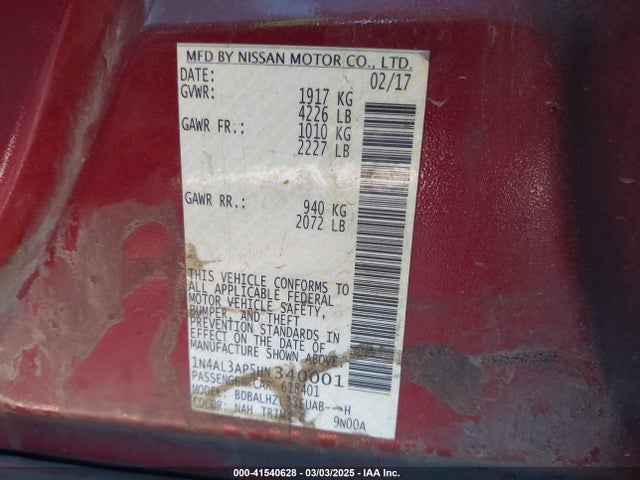 1N4AL3AP5HN340001 Nissan Altima 2.5 Sr