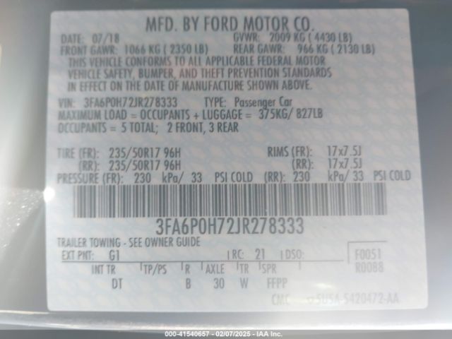 3FA6P0H72JR278333 Ford FUSION SE