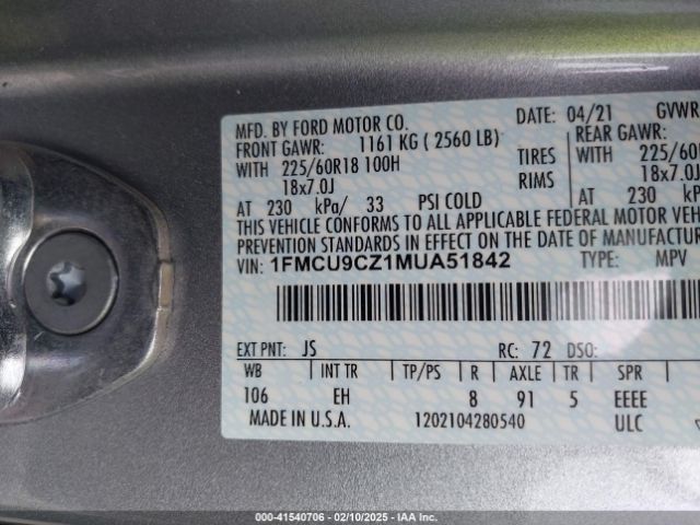 1FMCU9CZ1MUA51842 Ford Escape Sel Hybrid