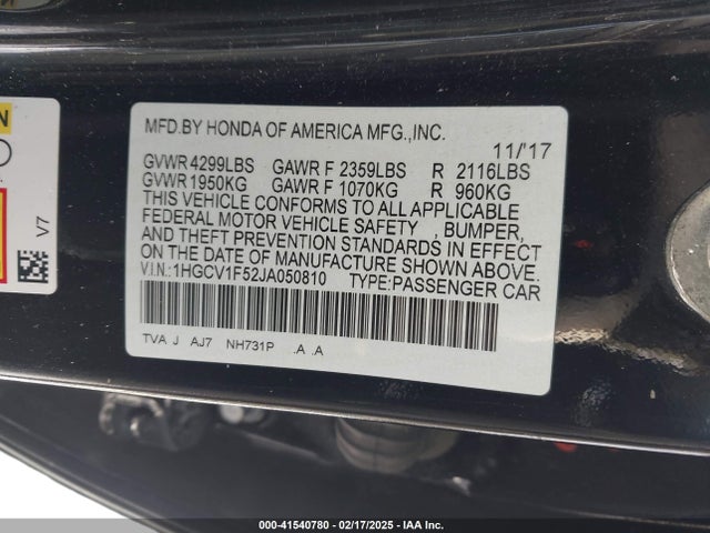 Honda Accord Ex-l 2018 1HGCV1F52JA050810 Image 9
