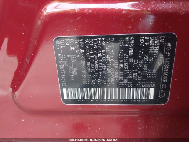 JN8BT3BB2RW184386 Nissan Rogue Sv Intelligent Awd