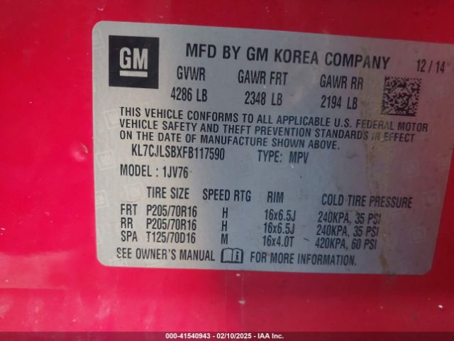 KL7CJLSBXFB117590 Chevrolet Trax Lt