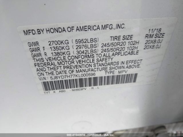 5J8YD7H77KL000596 Acura Mdx Sport Hybrid Advance Package