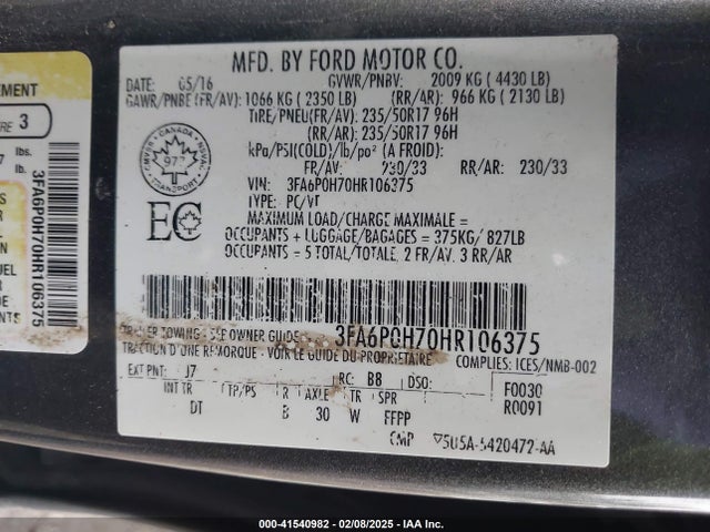 Ford FUSION SE 2017 3FA6P0H70HR106375 Image 9