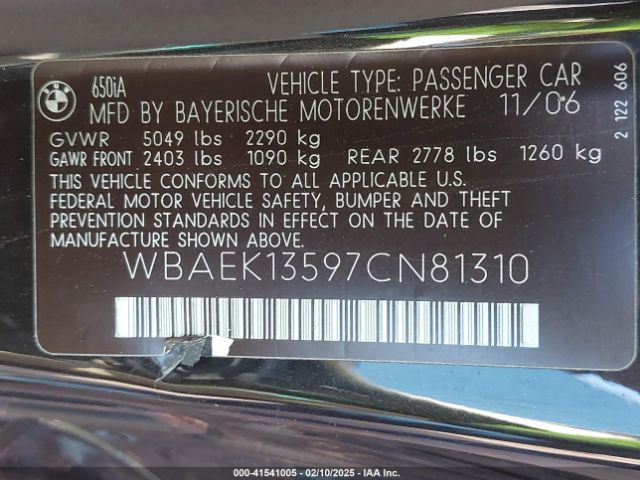 2007 BMW 650I WBAEK13597CN81310 Photo 8